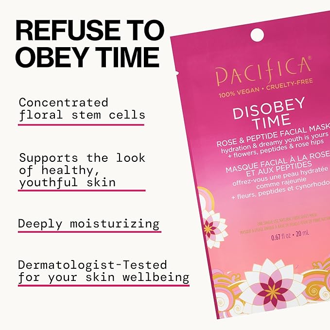 Pacifica Disobey Time Rose & Peptide Facial Sheet Mask Hydrating Anti-Aging Mask for Fine Lines & Dry Skin Infused w/Hyaluronic Acid & Chamomile Clean Beauty Vegan & Cruelty-Free Dermatologist Tested