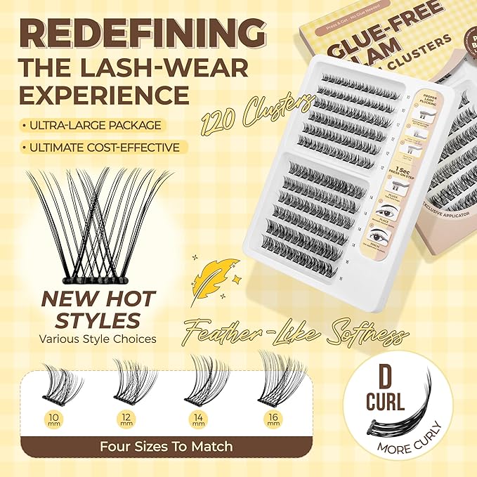 PopUp Self Adhesive Eyelashes Clusters, Press On Lashes Pre Glued Eyelash Extension Kit with Lash Tweezer,10-16mm No Glue No Remover Needed Self Adhesive Lashes Clusters AC58