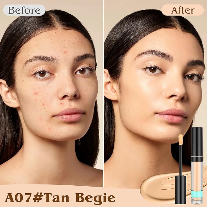 Full Coverage Liquid Concealer, Foundation Makeup for Older Women, Cover Blemishes & Under-Eye Circles, Spots, Matte Finish, Hydrating Primer for Correct, 0.06 floz, Vegan & Cruelty-Free 07#Tan Begie