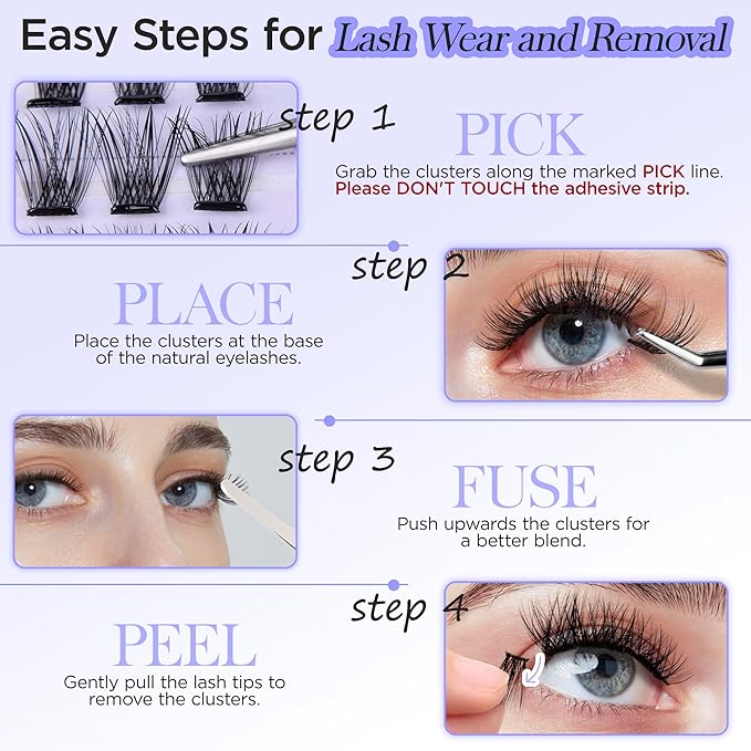 PopUp Self Adhesive Eyelashes Clusters, Press On Lashes Pre Glued Eyelash Extension Kit with Lash Tweezer,10-16mm No Glue No Remover Needed Self Adhesive Lashes Clusters AC01