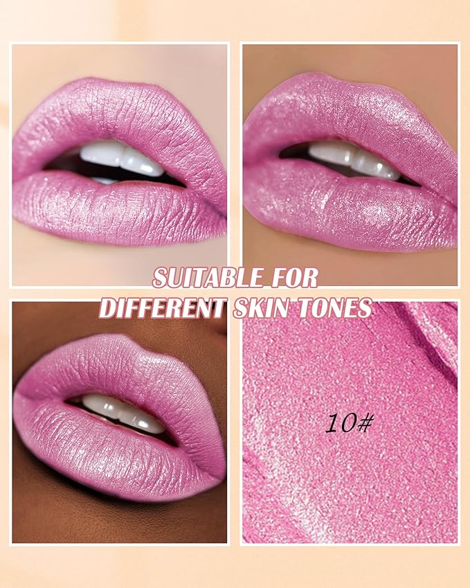 Diamond Glitter Lipstick, Rose Pink Shimmer Matte Metallic Lipstick, High Pigmented Waterproof Long Lasting Lip Gloss, Shiny Non-Sticky Creamy Lip Stain, Christmas Lip Makeup Gift for Women Girl-10