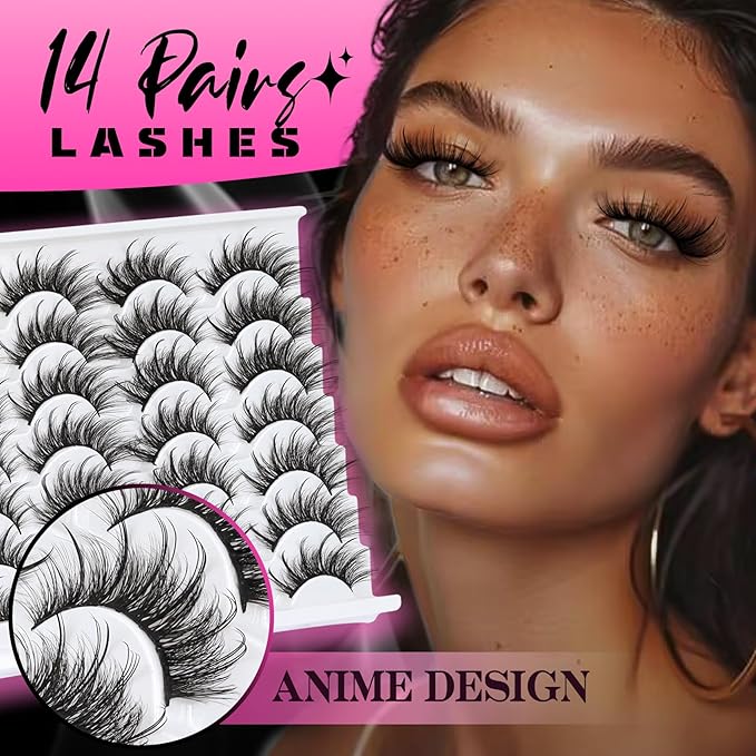 Veleasha Manga Lashes Spiky Eyelashes Fluffy Wispy & Long Lash Cat Eye Eyelash Anime False Eyelash 8D Effect Strip Lashes lash Extension Look Volume Fake Eyelashes 14 Pairs Pack (Angel)