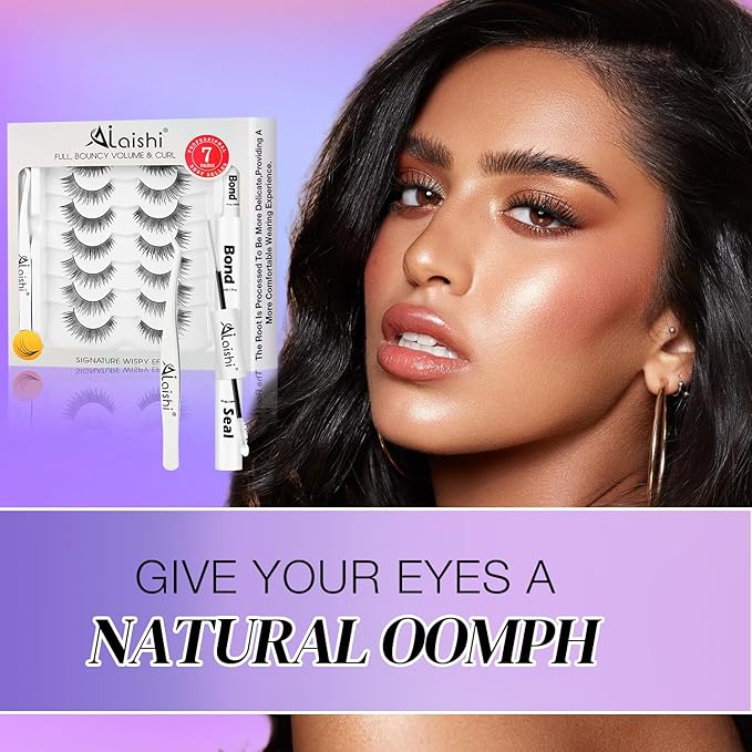 Wispy False Eyelashes Kit With Bond, Seal and Tweezer, 7 Pairs Natural Look Fake Cat Eye Lashes Strips Thin Band Extensions Waterproof Easy Eyelashes for Beginners DF2