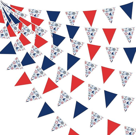 32Ft Nautical Party Decorations Red Blue White Nautical Themed Fabric Banner Triangle Pennant Flag Garland Streamers for Kids Boys Ocean Birthday Ahoy Achor Pirate Baby Shower Outdoor Garden Supplies