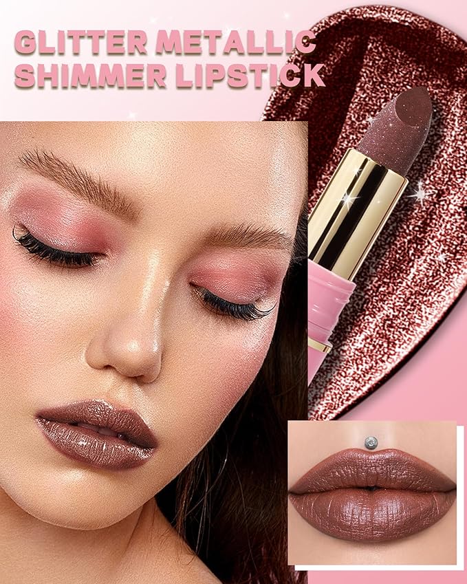 Glitter Metallic Brown Shimmer Lipstick Long Lasting, Glitter Diamond Shine Nude Red Lipstick Transfer Proof Non-Stick Lip Gloss Shimmer Highly Pigmented Full Coverage Lip Makeup for Women-08