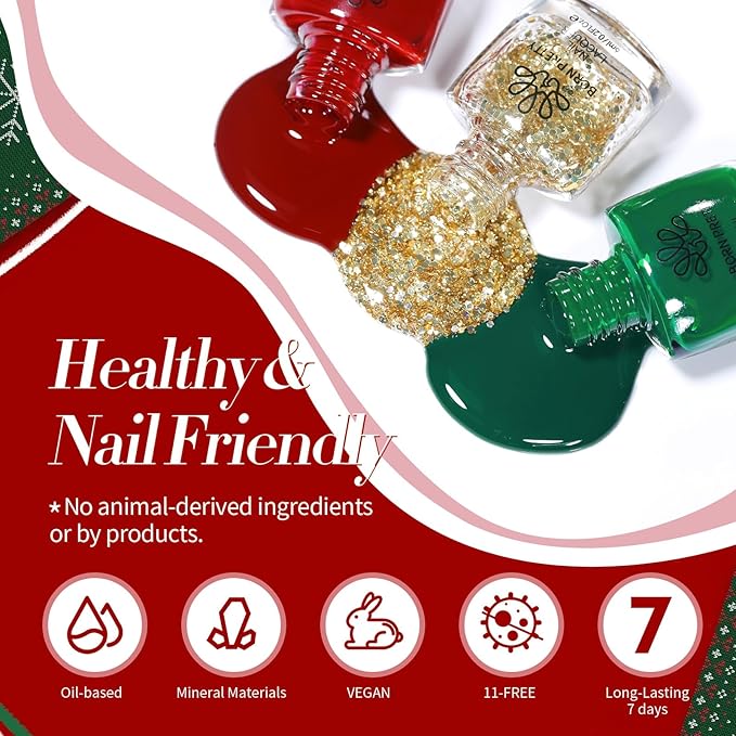 Born Pretty Christmas Nail Polish Set,6 Colors Red Green Sparkle Glitter Gold Silver Quick Dry Nail Polish Christmas Fast Drying Fingernail Lacquer Nail Art Design Manicure Salon DIY Home