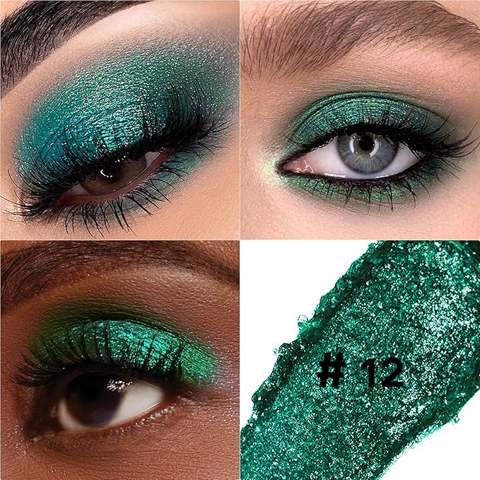 Glitter Eyeshadow Stick Metallic Chrome Finish, Shimmer Cream Eye Shadow Stick Long Lasting Holographic Color Sparkle Multi-Use Eye Brightener Highlighter Makeup Blendable Eyeliner Pencil, 12#