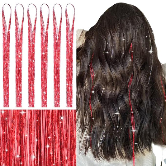 WENNALIFE Hair Tinsel for Girls, Red Fairy Kit 1200 Strands 6PCS 48 Inch Heat Resistant Glitter Hair Extensions Kit Christmas Angel Feathers Sparkle Strands Party Festival