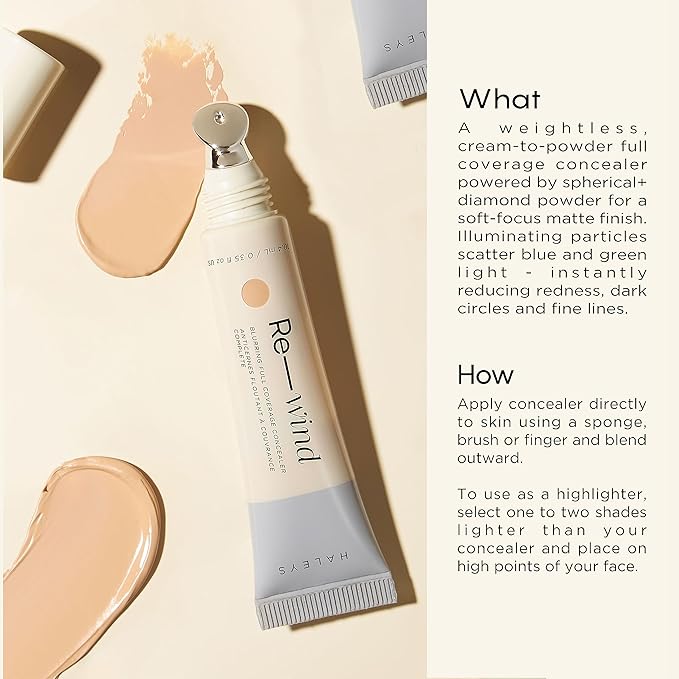 HALEYS Re-wind Blurring Full Coverage Concealer (Fair/Light - Neutral), Brighten, Reduce redness, dark circles and fine lines, Non-Caking, Longwear, Nourishes, Lightweight, Soft-Matte Finish, V + CF