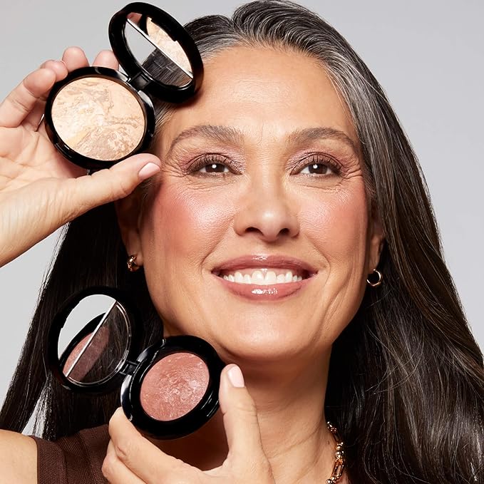 LAURA GELLER NEW YORK Blush-n-Glow Kit - Baked Balance-N-Glow Illuminating Powder Foundation, Deep + Retractable Kabuki Brush + Baked Blush-N-Brighten, Pink Grapefruit