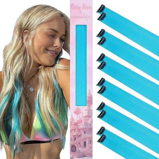 WENNALIFE 12 PCS Sky Blue Hair Extensions Clip in, Colored Clip in Hair Extensions for Kids Highlights Rainbow Hair Clips for Girls Synthetic Straight Pop-up Style Colorful Girls Hair Accessories