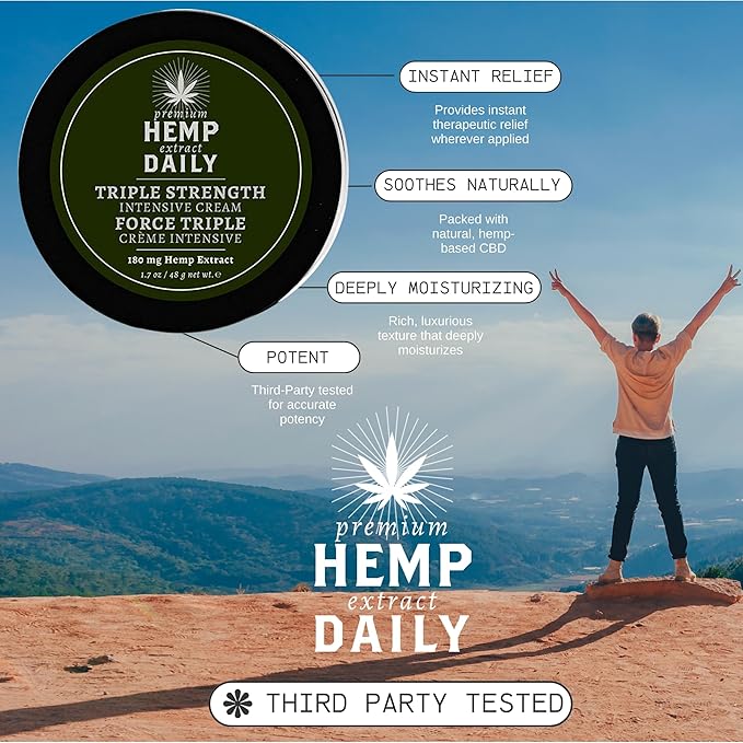 Premium Hemp Daily Triple Intensive Cream - Muscle, Knee, Joint, Back, Neck and Shoulder Topical Rub - Organic | 1.7 Ounces (Original Mint, Pack of 3)