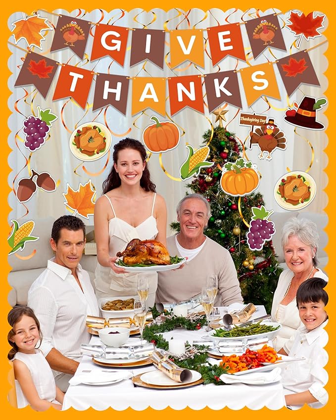45 Pcs Thanksgiving Decorations, GIVE THANKS Banner with Hanging Swirls for Indoor Wall, Friendsgiving Decorations for Party Office Home Classroom