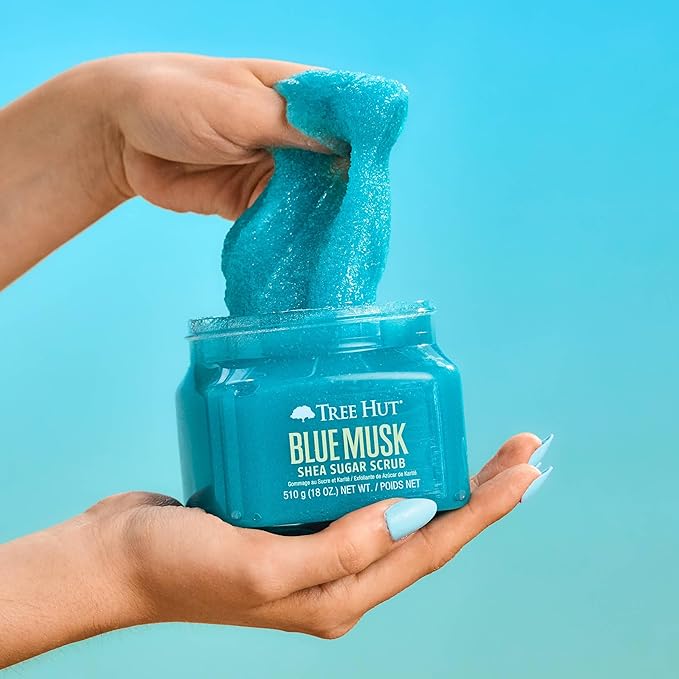 Tree Hut Blue Musk Shea Sugar Scrub, Exfoliating, Hydrating & Moisturizing Body Scrub with Shea Butter & Nourishing Essential Oils, Smooth & Soften Skin, 18 oz