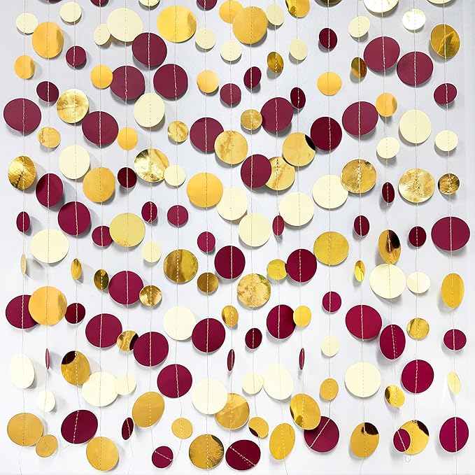 46 Ft Maroon Gold Party Decorations Burgundy Gold Beige Polka Dot Garland Hanging Paper Circle Dots Streamer for Maroon Garnet Graduation Birthday Anniversary Wedding Bridal Shower Party Supplies