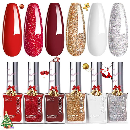 Beetles Red Nail Polish: 6Pcs Glitter Burgundy Red Sparkle Nail Polish Set, Quick Dry & Long Lasting Brilliant Overture White Silver Diy 4th of July Nail Art Design Christmas Gifts for Women