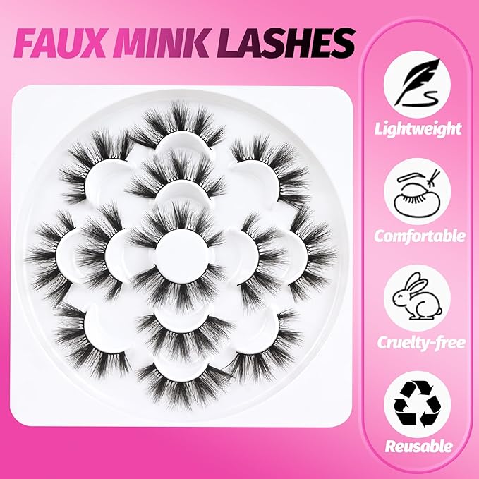 Veleasha Lashes 5D Faux Mink Cat Eye Lashes - Handmade Wispy Fluffy Luxurious Eyelashes - Natural Look Volume Spike - 7 Pairs Pack (808)