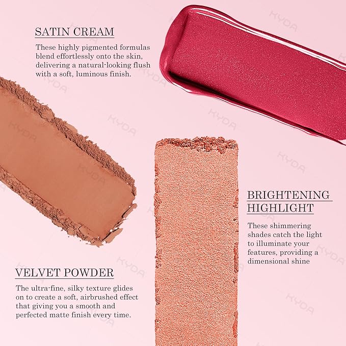 KYDA 3 Colors Blush Palette, All-In-One Face Maleup Palette, Matte Cheek Blusher Makeup, Multi-Finish Shimmery Blusher, Blendable Blush Highlighter Powder,03
