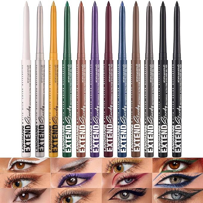 LANGMANNI 12Pcs Metal Colorful Eyeliner Pencil Set - Matte & Shimmer Eye Makeup,Smooth Use Long-Lasting & Waterproof Eyeliner Set