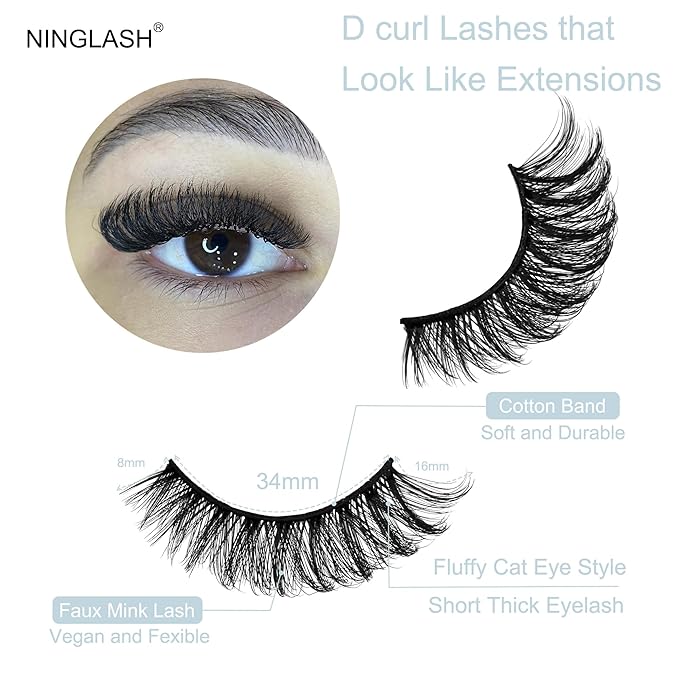 Short Thick Lashes Natural Look D Curl Eyelashes that Look Like Extensions 5 Pair Fluffy Mink Wispy Cat Eye Strip False Volume Lash Pack 8-14mm Full Mega Double Stacked Eyelash Small Fake Lashes