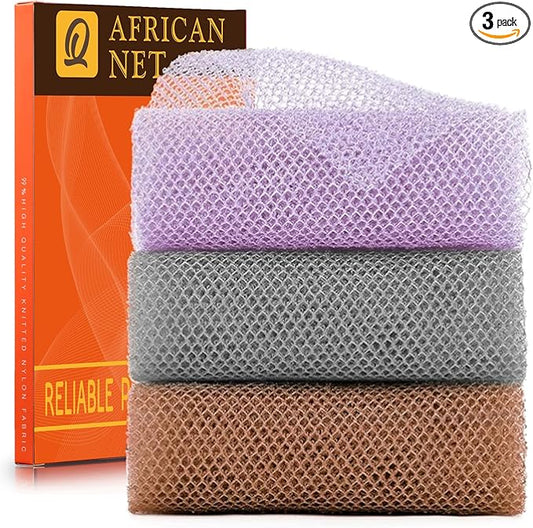 UJFQBH 3 Pieces African exfoliating net African Net Long Net Bath Sponge Exfoliating Shower Body Scrubber Back Scrubber Skin Smoother,Great for Daily Use (Purple、Gray、Brown)