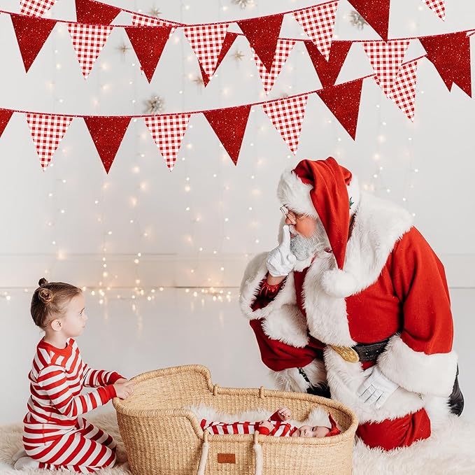 Red Buffalo Plaid Party Decorations Pennant Banner Flag Hanging Red Glitter Paper Triangle Bunting for Birthday Anniversary Baby Shower Wedding Bridal Shower Christmas Holiday Party Decor Supplies