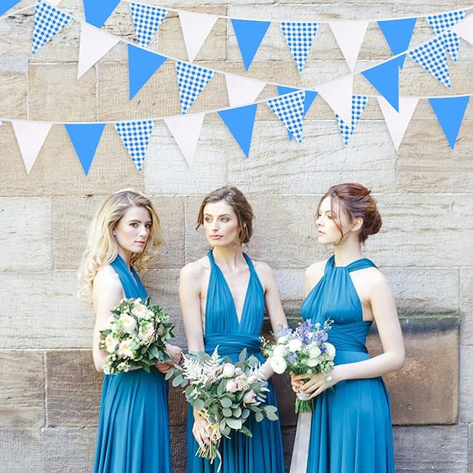 32Ft Blue Party Decorations Blue Buffalo Plaid Checkered White Triangle Flag Gingham Pennant Bunting Fabric Garland for Picnic Racing Car BBQ Birthday Wedding Carnival Party Outdoor Home Garden Decor