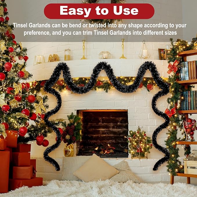 25 Feet Christmas Foil Fringe Banner Metallic Tassle Garland Metallic Backdrop Parade Floats Shiny Hanging Ceiling, Valentine's, Wedding, New Year Party Decorations(4" x 25', Black)