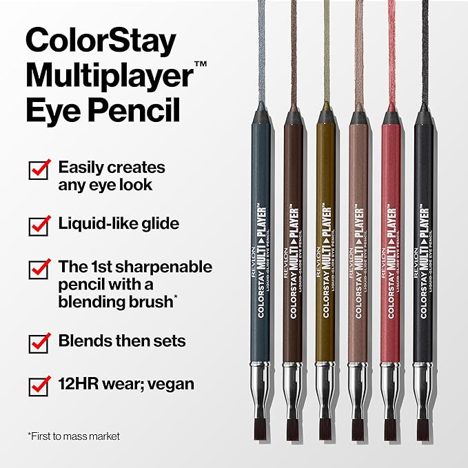 REVLON ColorStay Multiplayer Liquid-Glide Eye Pencil, Multi-Use Makeup With Blending Brush, Blends Then Sets, Creamy Texture, Waterproof, Smudge-proof, Longwearing, 401 Checkmate, 0.03 Oz