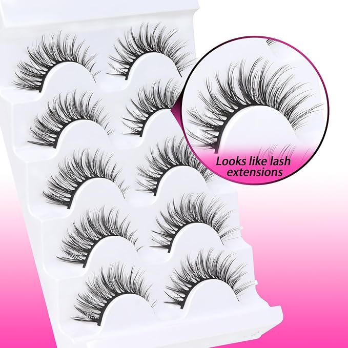 Veleasha Lashes Wispy False Eyelashes 100% Handmade Eyelashes Natural Look Fake Lashes Lightweight Lashes with Soft Cotton Band 5 Pairs Pack (G2-Black Cotton Band)