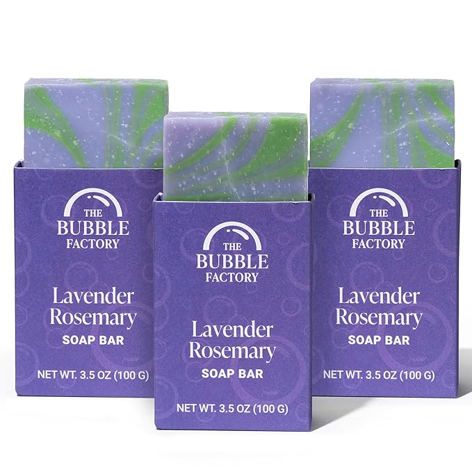 The Bubble Factory Handmade Natural Bath & Body Soap Bar, Vegan, All-Natural, Palm Oil Free, Made in USA with Shea Butter + Essential Oils, Lavender Rosemary, 3 Bars