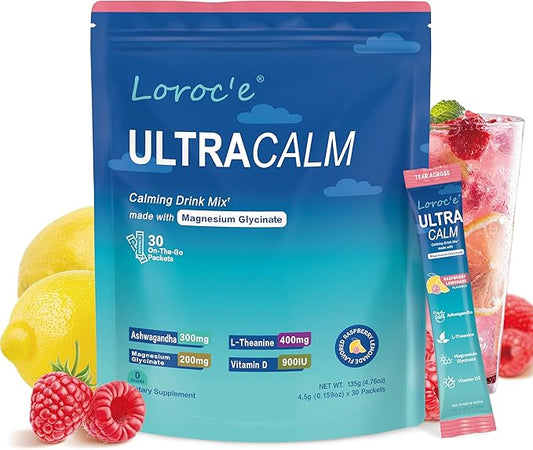 UltraCalm Super Cortisol Drink with Magnesium Glycinate, Ashwagandha, L-Theanine, Vitamin D3, Magnesium Powder for Sleep & Stress Relief, Raspberry Lemonade (30 Servings)