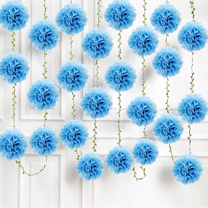 Tissue Paper Pom Pom Garland Hanging Paper Flower Decorations for Wedding Baby Shower Engagement Garden Tea Party Bridal Shower Spring Summer Wall Decor Nursery Arch Backdrop