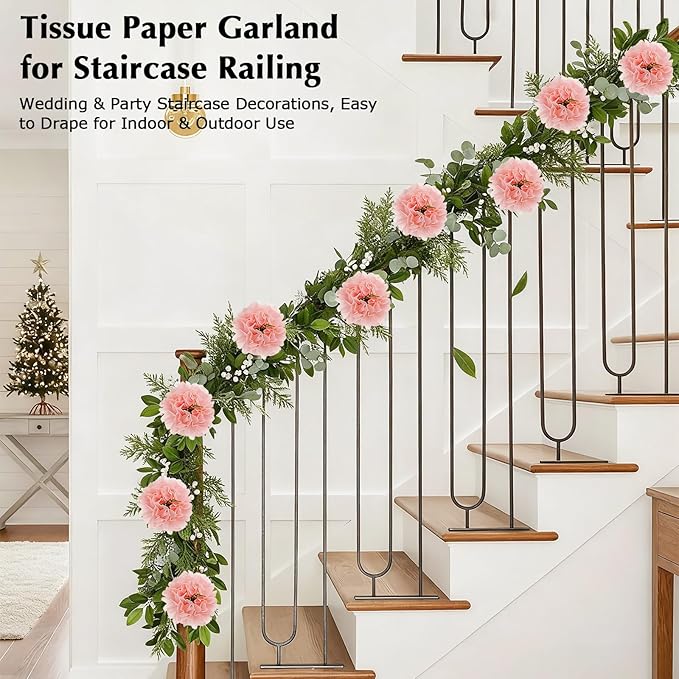 Tissue Paper Pom Pom Garland Hanging Paper Flower Decorations for Wedding Baby Shower Engagement Garden Tea Party Bridal Shower Spring Summer Wall Decor Nursery Arch Backdrop