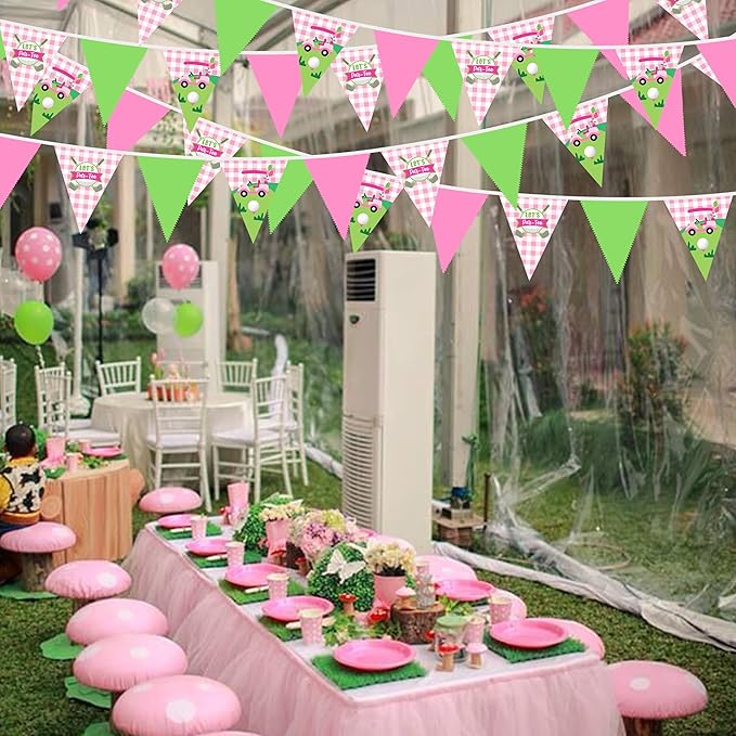 32Ft Pink Golf Party Decorations Pink Green Golf Ball Triangle Flag Fabric Banner Pennant Garland Streamers for Let's Par-tee Birthday Baby Shower Masters Sports Fans Party Outddor Decor Supplies