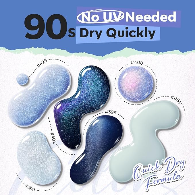 modelones Blue Nail Polish, 6 Colors Cat Eye Glitter Gray Shimmer Holographic Clear Quick Dry Mini Starter Set, Long Lasting Art DIY Manicure Kit at Home for Women