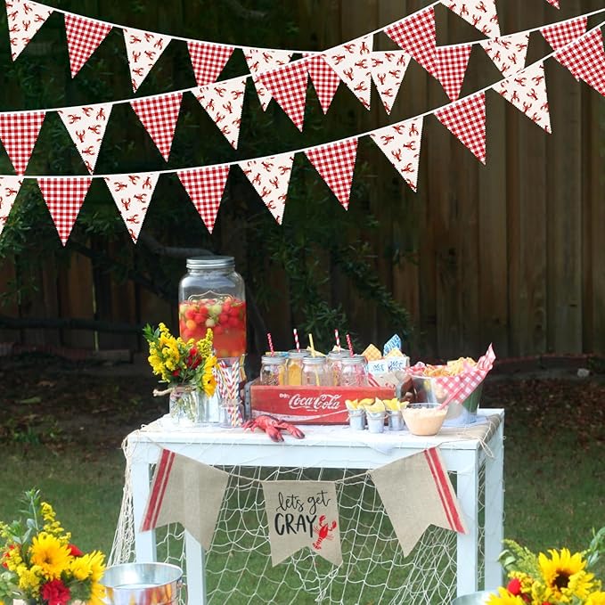 32Ft Crawfish Party Decorations Red Buffalo Plaid Crawfish Pennant Banner Fabric Triangle Flag Garland Streamers for Lobster Birthday Shrimp Seafood Boil Baby Shower Barbecue Party Decor Supplies