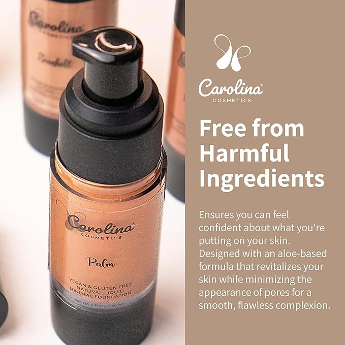 Carolina Cosmetics - Plant-Based Foundation in Palm Shade - Hydrating, Pore-Minimizing & Buildable Coverage - Vegan, Non-GMO, Gluten-Free, Paraben-Free- Sun Protection - 1Fl Oz