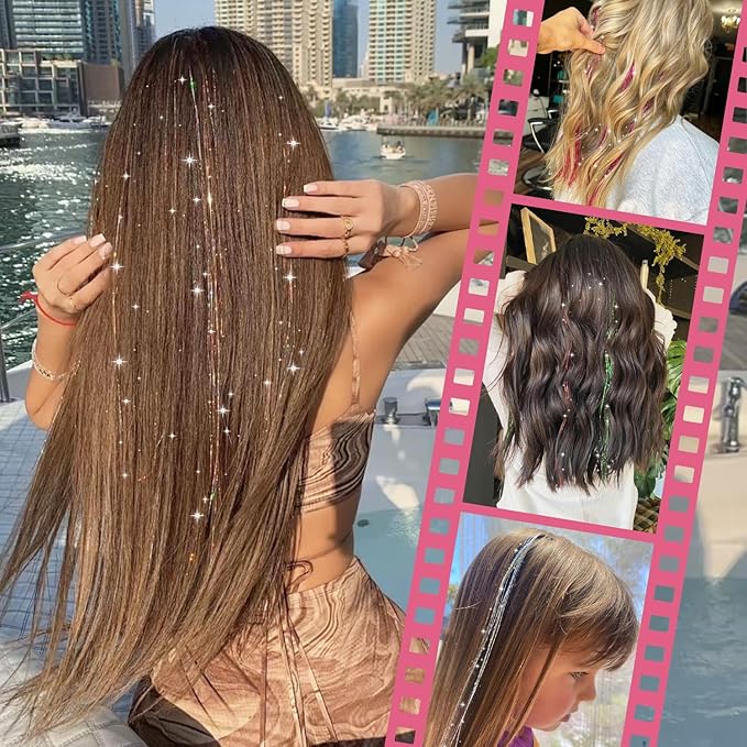 WENNALIFE Hair Tinsel for Girls, Pink Fairy Kit 1200 Strands 6PCS 48 Inch Heat Resistant Glitter Tinsel Hair Extensions Kit Christmas Angel Feathers Sparkle Strands