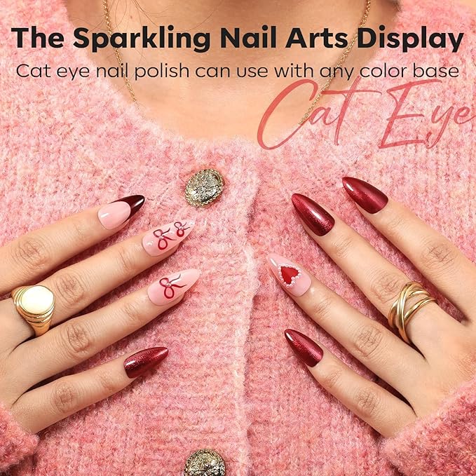 modelones Pink Nail Polish Set, Red Cat Eye 6 Colors Quick Dry Mini Finger Long Lasting Fast Drying DIY Manicure Kit Nail Art Home Salon Valentine's Day Gifts for Women Girl