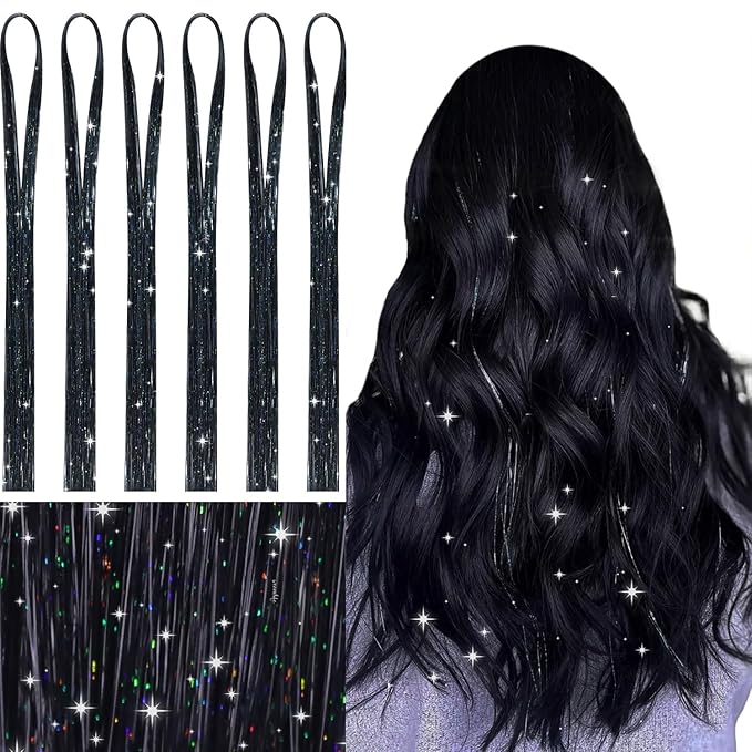 WENNALIFE Hair Tinsel for Girls, Black Fairy Kit 1200 Strands 6PCS 48 Inch Heat Resistant Glitter Tinsel Hair Extensions Kit Christmas Feathers Sparkle Strands
