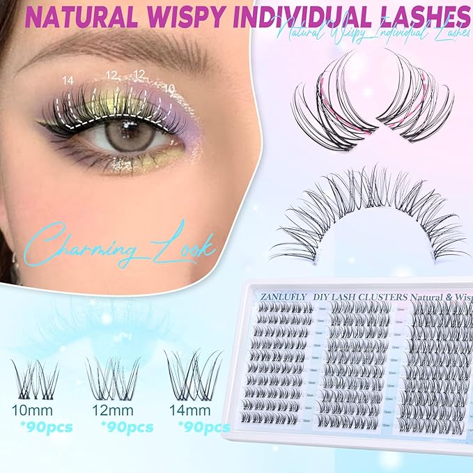 Wispy Lash Clusters Natural Eyelash Clusters C-Curly Cluster Lashes zanlufly Wispy Individual Lashes 150Pcs Eyelash Extension 10 12 14MM DIY Lash Extension