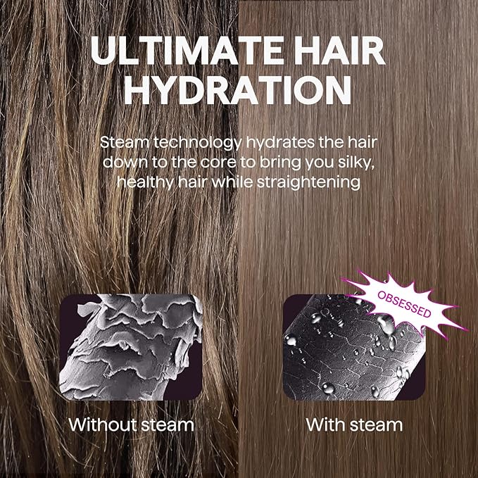 Wavytalk Steam Sesh Hair Straightener, Steam Reduces Damage, Nourishes Hair, and Expedites Straightening, 1.38'' Nano Titanium Flat Iron with Detachable Comb for Silk Press Smoothing & Blowout, Pink