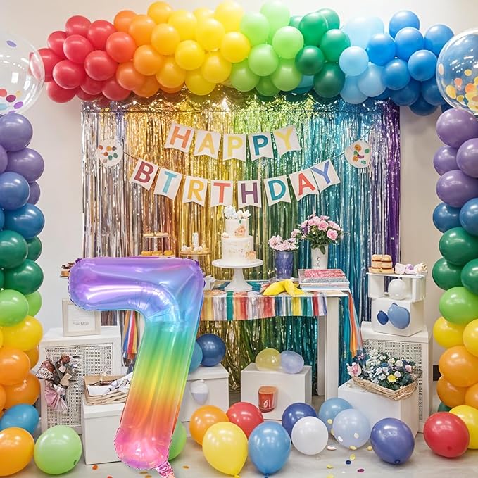 7th Birthday Balloons for Girls, 40'' Foil Self Inflating Light Rainbow Number 7 Balloon, Large Helium Mylar Colorful Multicolor 7 Balloon Number for Kids Birthday Party Decor Anniversary Decorations
