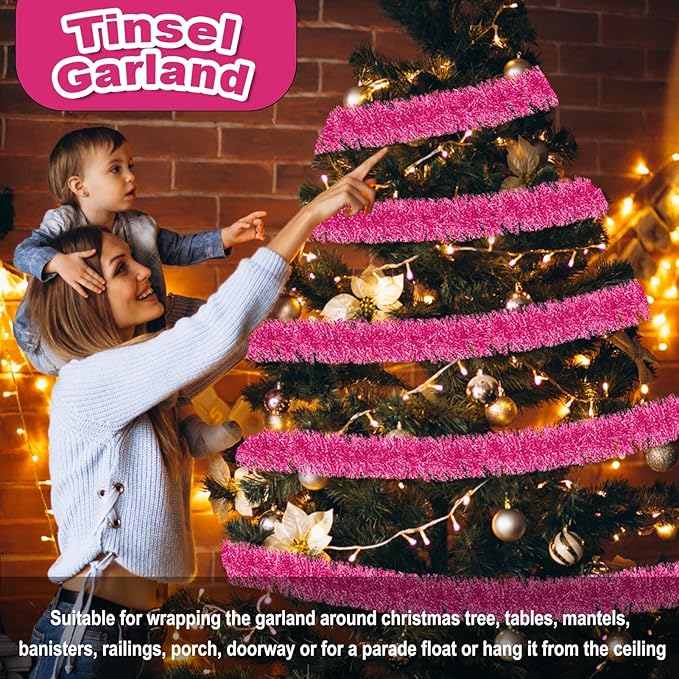 25 Feet Christmas Foil Fringe Banner Metallic Tassle Garland Metallic Backdrop Parade Floats Shiny Hanging Ceiling, Valentine's, Wedding, New Year Party Decorations(4" x 25', Pink)