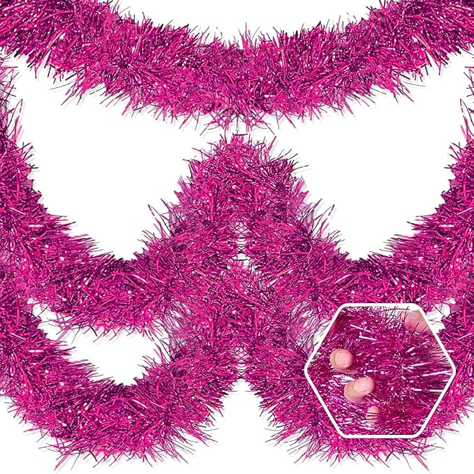 25 Feet Christmas Foil Fringe Banner Metallic Tassle Garland Metallic Backdrop Parade Floats Shiny Hanging Ceiling, Valentine's, Wedding, New Year Party Decorations(4" x 25', Rose Red)