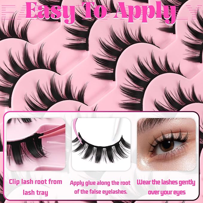 Veleasha Lashes Manga Spiky Natural Eyelashes Kit with Waterproof Lash Glue and Lash Tweezers Anime False Eyelashes 14 Pairs 3D Soft 100% Handmade Fairy Manhua Lashes (3D11-Kit)