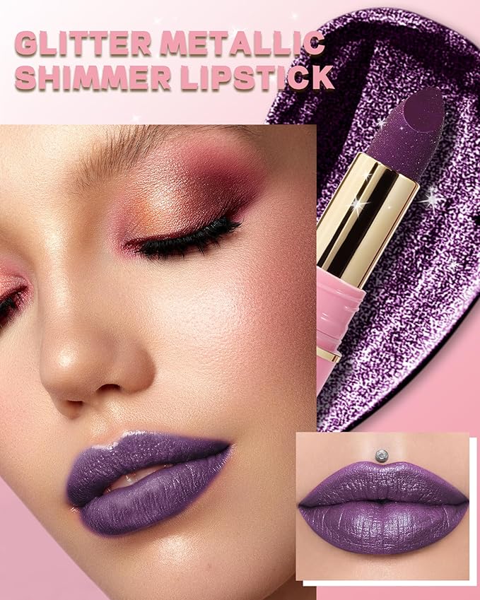 Glitter Metallic Purple Nude Shimmer Lipstick Long Lasting, Glitter Diamond Shine Red Lipstick Transfer Proof Non-Stick Lip Gloss Shimmer Highly Pigmented Full Coverage Lip Makeup for Women-07