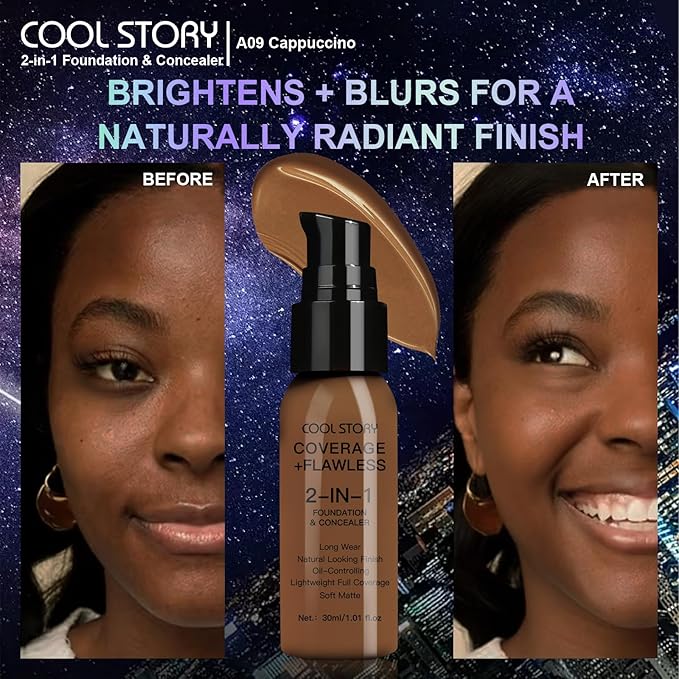 2-in-1 Foundation and Concealer Long Wear Natural Matte Finish Lightweight Coverage (Cappuccino)