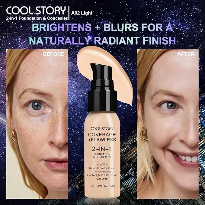 2-in-1 Foundation and Concealer Long Wear Natural Matte Finish Lightweight Coverage (Light)